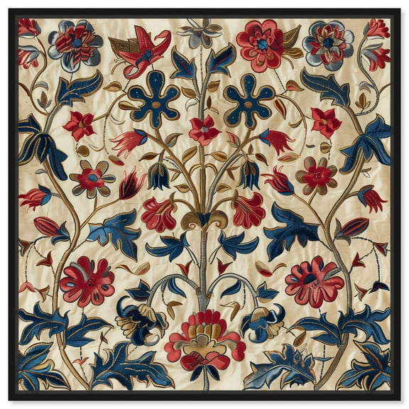 Ivory Floral Embroidery Chic Farmhouse Canvas Wall Art by Art Remedy, Black Floater Frame, 12"x12"