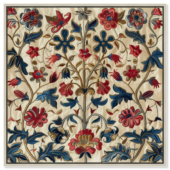 Ivory Floral Embroidery Chic Farmhouse Canvas Wall Art by Art Remedy, Silver Floater Frame, 12"x12"