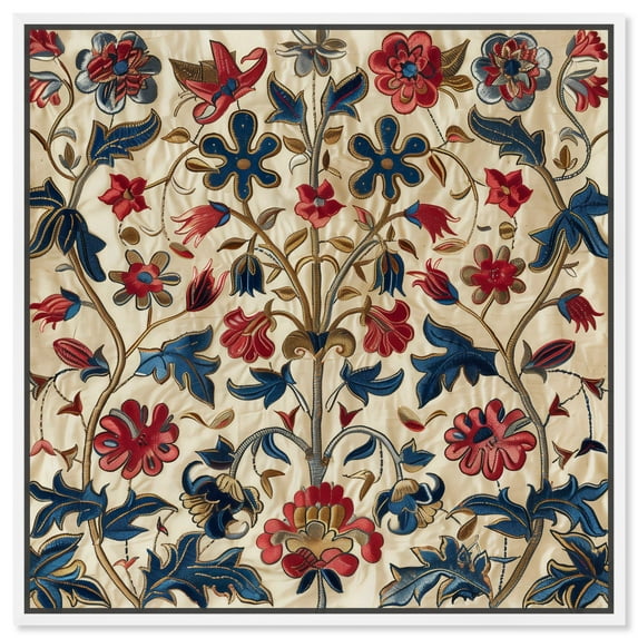 Ivory Floral Embroidery Chic Farmhouse Canvas Wall Art by Art Remedy, White Floater Frame, 30"x30"