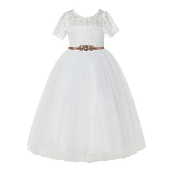 Ivory Floral Lace Flower Girl Dress for Church Communion Baptism LG2R1