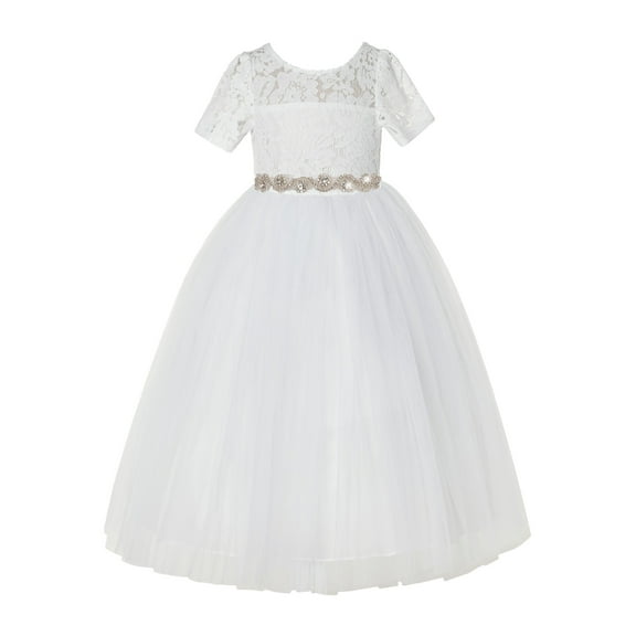 Ivory Floral Lace Formal Flower Girl Dress Elegant Princess Gown LG2R2