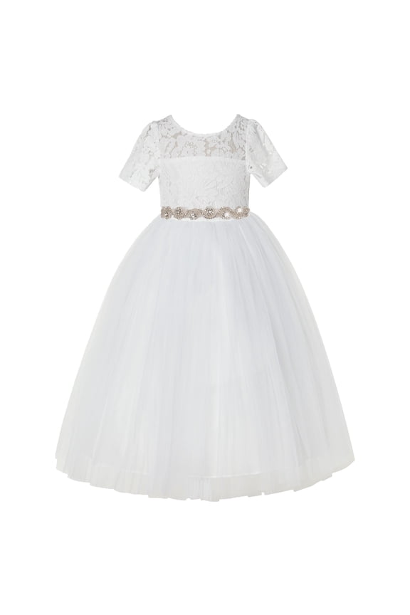 Ivory Floral Lace Formal Flower Girl Dress Elegant Princess Gown LG2R2