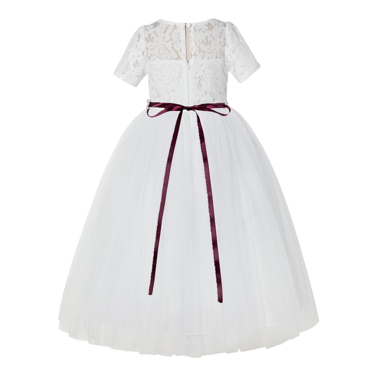 Floral Lace Flower Girl Dress with Sleeves Holy Baptism Gown LG2R2 White / Burgundy / 8