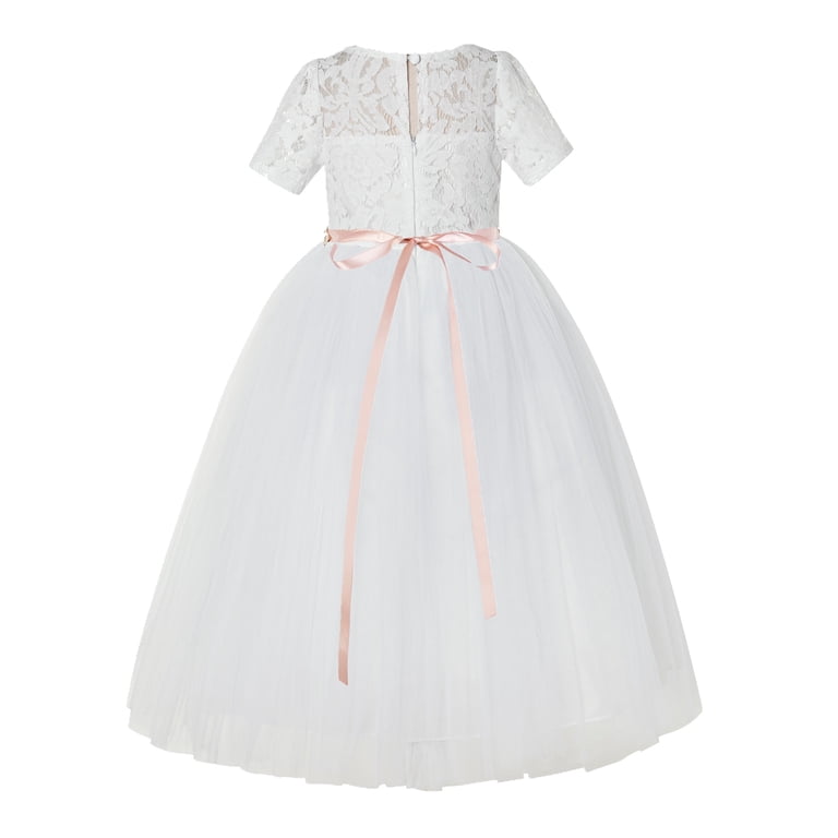 Floral Lace Flower Girl Dress with Sleeves Holy Communion Gown LG2R1 Ivory / Blush Pink / 3