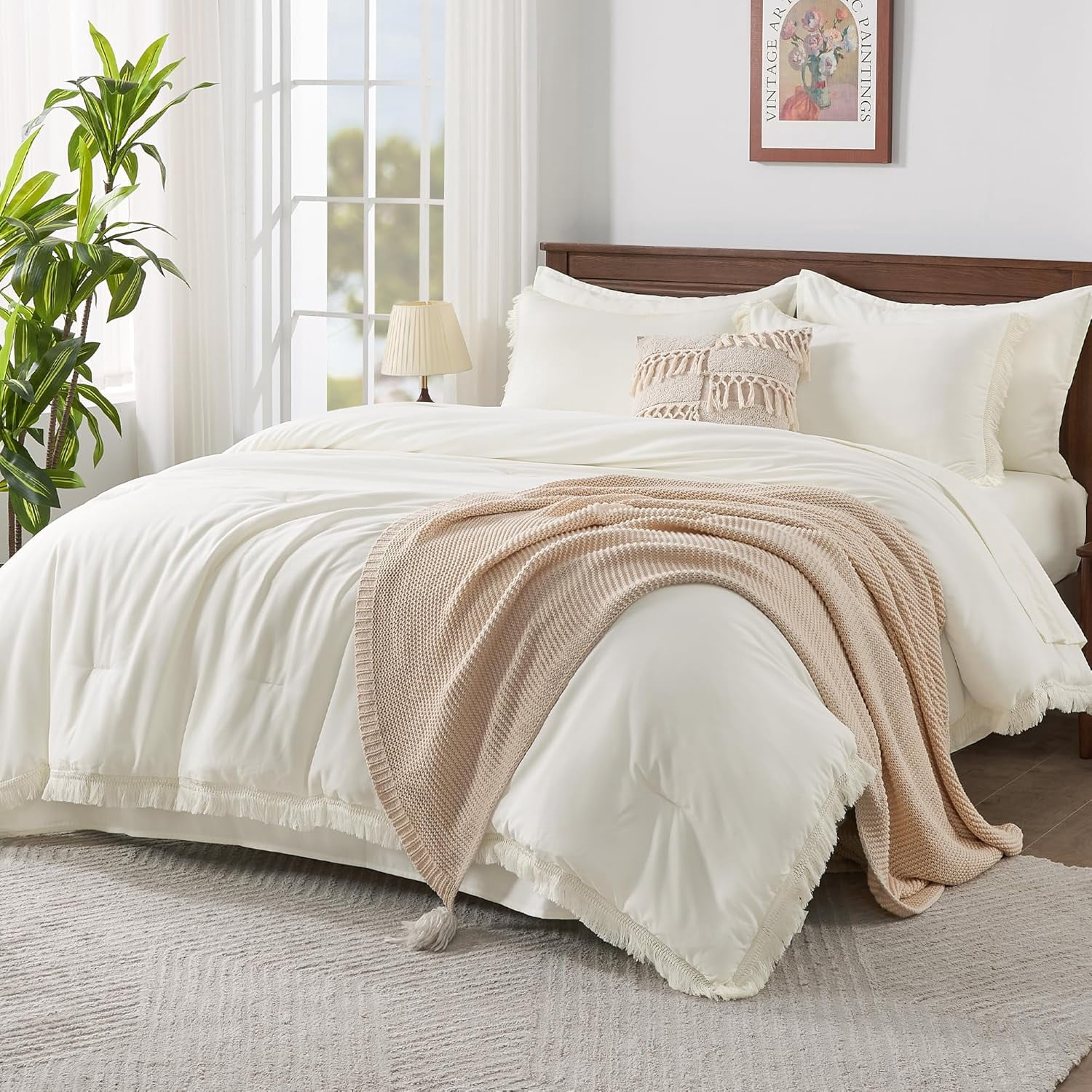 Ivory Full Size Comforter Set with Sheets - 7 Pieces Boho Tassel Bed in ...