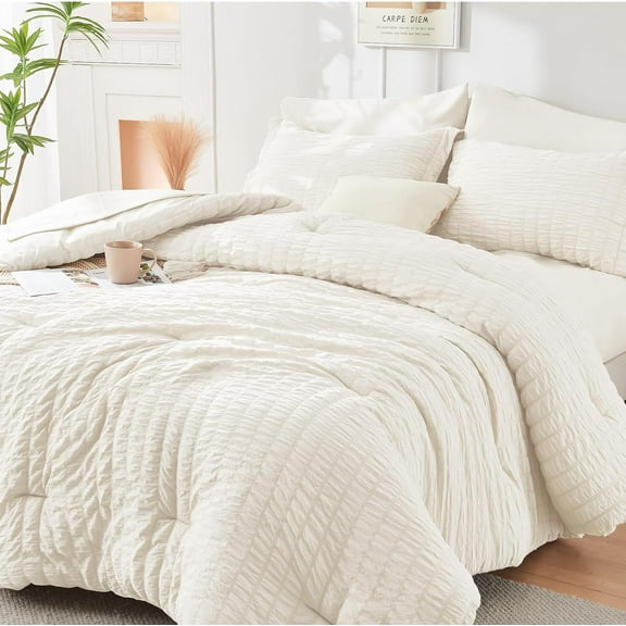 Ivory Full Size Comforter Sets Seersucker 7 Pieces, All Season Luxury Bed in a Bag for Bedroom, Bedding Set with Comforters, Sheets, Pillowcases & Shams