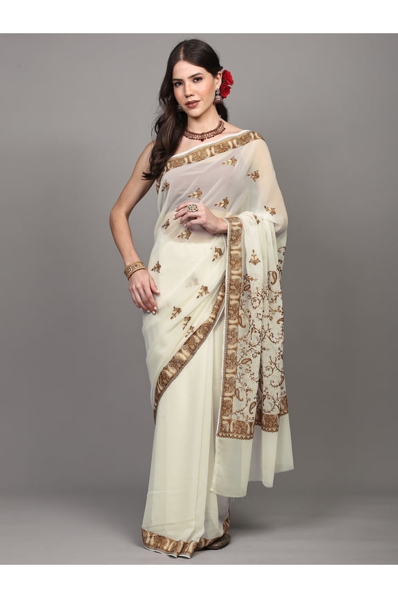 Ivory Georgette Saree from Kashmir with Chain Stitch Aari Embroidered Paisleys Border and Pallu
