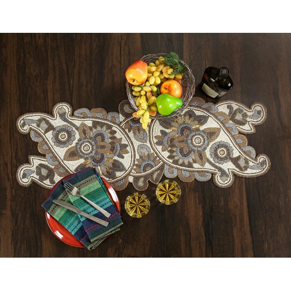 Ivory Gold Beaded Table Runner 36 Inches Long - Beautiful Fancy Elegant Paisley Design Decorative Runner for Dining Table Décor,Easter,Farmhouse,Living Room,Wedding,Party,New Year- 13x36 Inch