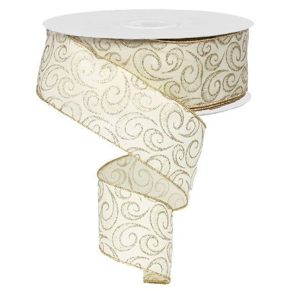 Ivory Gold Glitter Fancy Swirl Wired Edge Ribbon - Christmas Decorations - 50 Yards (2.5")