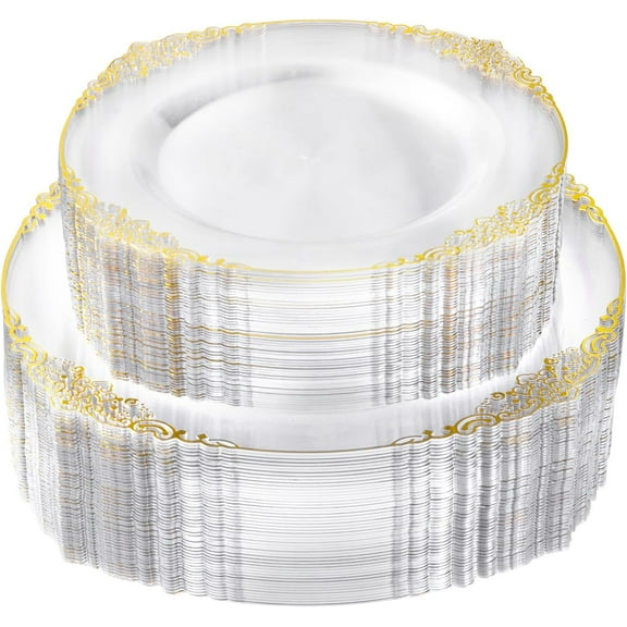 Ivory and Gold Plastic Plates for 50 Guests, Gold Disposable Plates Include 50 PCS Dinner Plates, 50 PCS Dessert Plates for Party, Wedding and Graduation