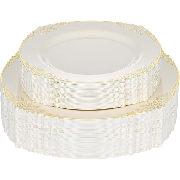 Ivory and Gold Plastic Plates for 50 Guests, Gold Disposable Plates Include 50 PCS Dinner Plates, 50 PCS Dessert Plates for Party, Wedding and Graduation