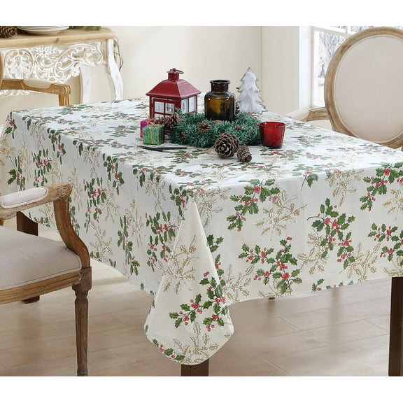 Ivory Golden Holly and Berry Christmas 60 x 84 inch Rectangle Vinyl Flannel Backed Dining Tablecloth