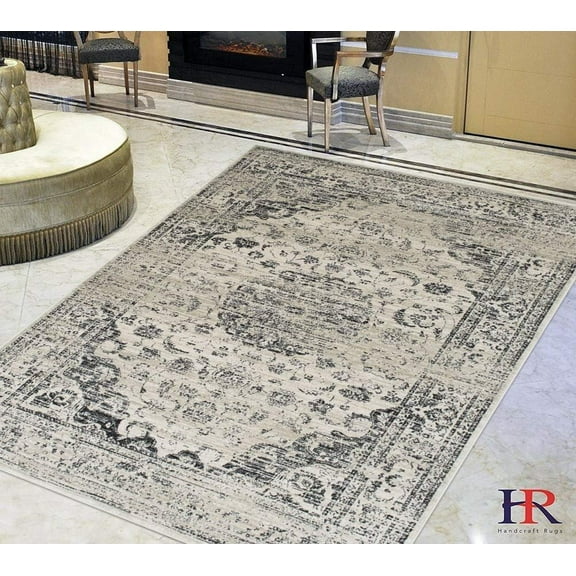 Ivory/Gray Oriental Persian Floral Pattern Distressed – Modern Vintage Area Rug