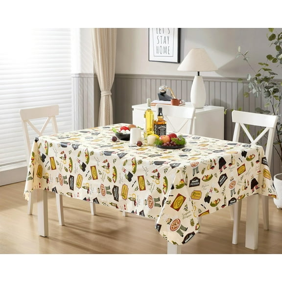 Ivory Italian Bistro Chef 52 x 52 inch Rectangle Vinyl Holiday Tablecloth with Flannel Backing
