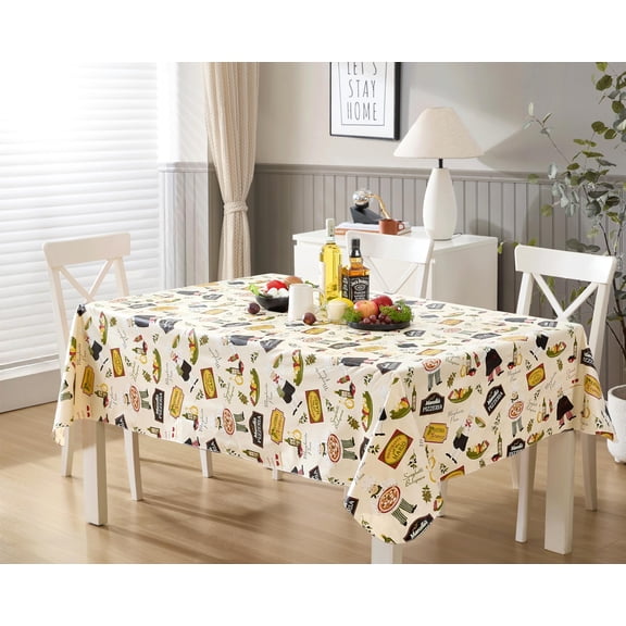 Ivory Italian Bistro Chef 60 x 102 inch Rectangle Vinyl Holiday Tablecloth with Flannel Backing