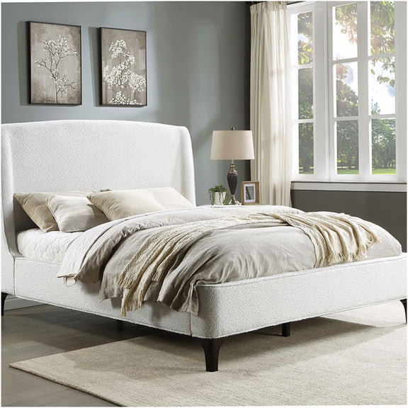 Ivory King Size Upholstered Bed with Wingback Headboard, Modern Boucle Fabric Platform Bed Frame for Master Suite