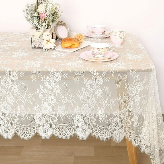 Ivory Lace Tablecloth 60x120 Inch Wedding Rectangular Table Cloth Overlay Vintage Embroidered Lace Fabric for Rustic Fall Tea Party Reception Home Decor