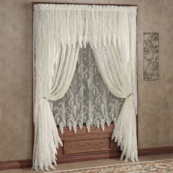 Ivory Lace Window Treatment; Insert and 63L Swag Valances, 1-63L and 2-84L Panels Set