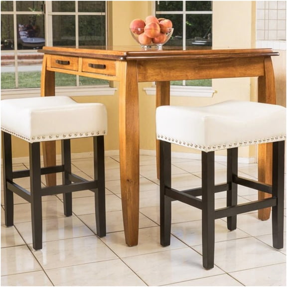 Ivory Leather Counter Stools Set of 2, 26 Inch Backless Bar Stools with Bronze Finish for Kitchen Island, Modern Dining Stools