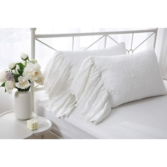 Ivory Lolita 3D Flowers Pillow Shams with Long Ruffles 100% Cotton Off White Lace Pillowcases Standard Size 26"X20" 2-Pack