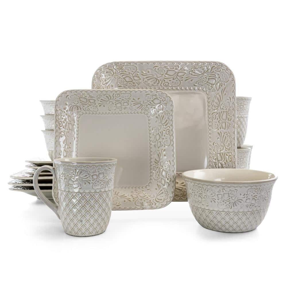 Ivory Floral Ceramic Square Dinnerware Set, Service for 4