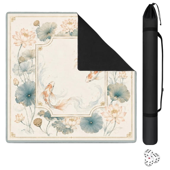 Ivory Lotus Koi Chinoiserie Mahjong Mat 31.5x31.5 Inch | Non-Slip And Noise Reduction Mah Jong Table Mat Cover with Carrying Bag For Mahjong Lovers, Poker, Board Games And Dominoes