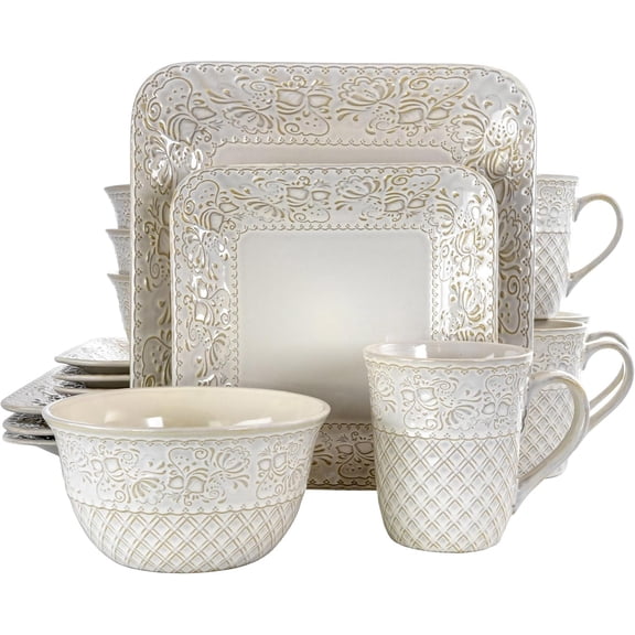 Ivory Lotus Square Dinnerware Set, 16 Piece, Stoneware, Ivory, Dishwasher Safe, Microwave Safe