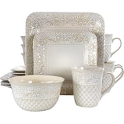 Ivory Lotus Square Dinnerware Set, 16 Piece, Stoneware, Ivory, Dishwasher Safe, Microwave Safe