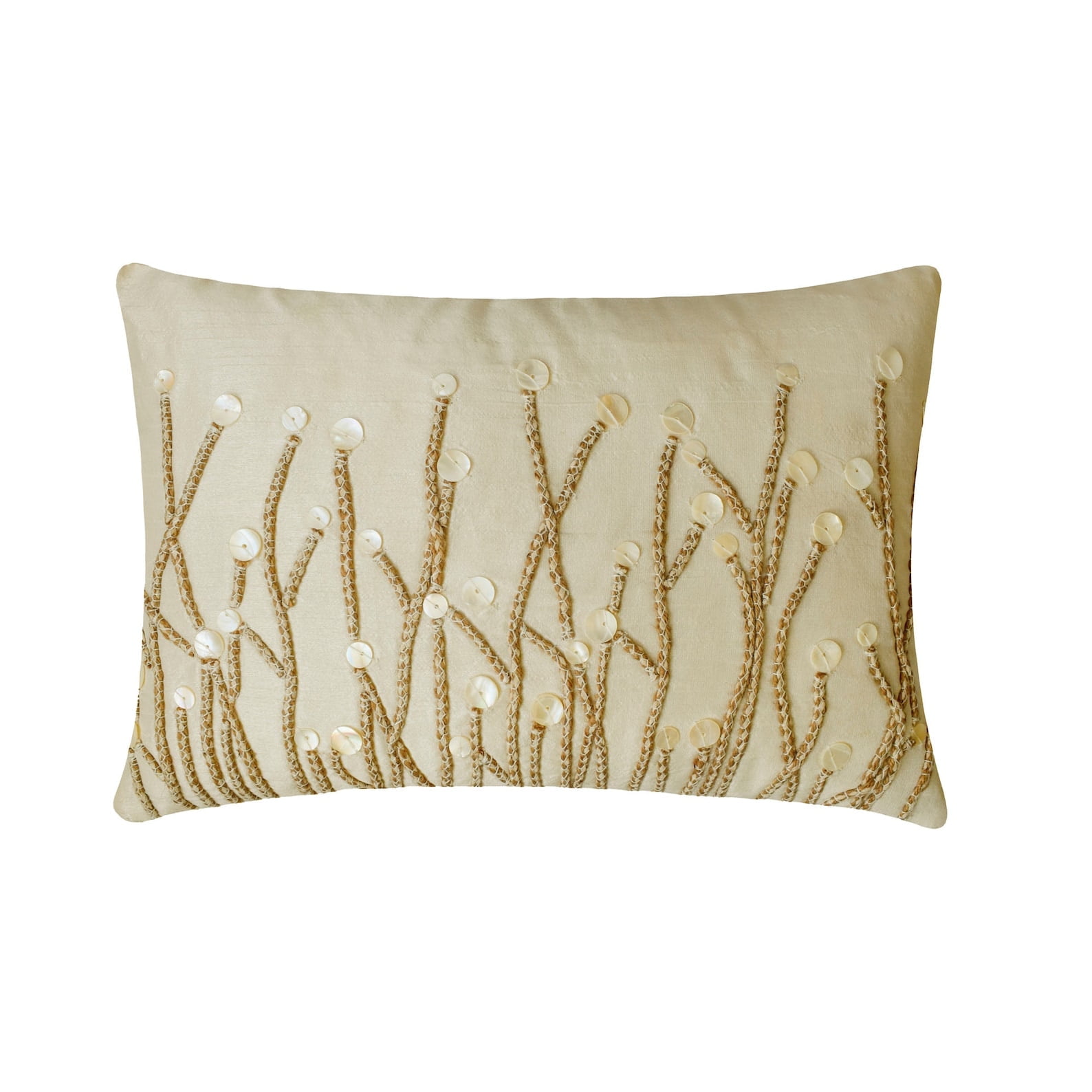 Ivory Lumbar Pillow Cover, 12x26 inch (30x65 cm) Lumbar Pillow Cover, Jute and Mother Of Pearls Farm Design Lumbar Pillow Cover, Silk Lumbar Pillow Cover, Floral - Amour