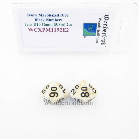 Ivory Marbleized Dice with Black Numbers Tens D10 16mm (5/8in) Pack of 2 Wondertrail