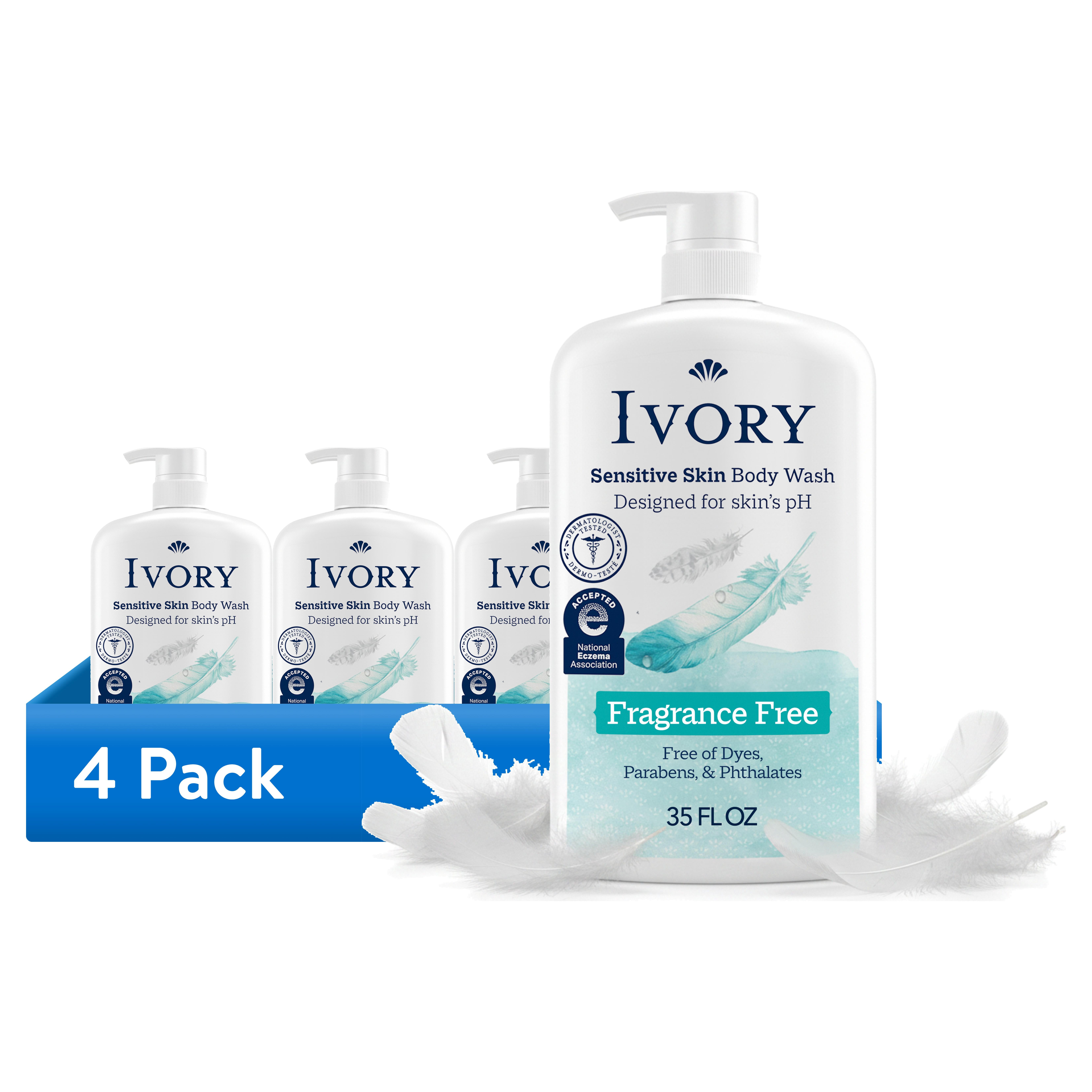 (4 pack) Ivory Mild and Gentle Body Wash, Fragrance-Free, for Sensitive Skin, 35 fl oz