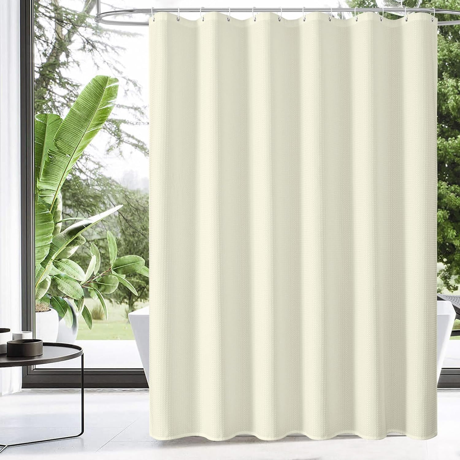 Ivory Modern Shower Curtain Set, Cream Waffle Fabric Shower Curtains ...