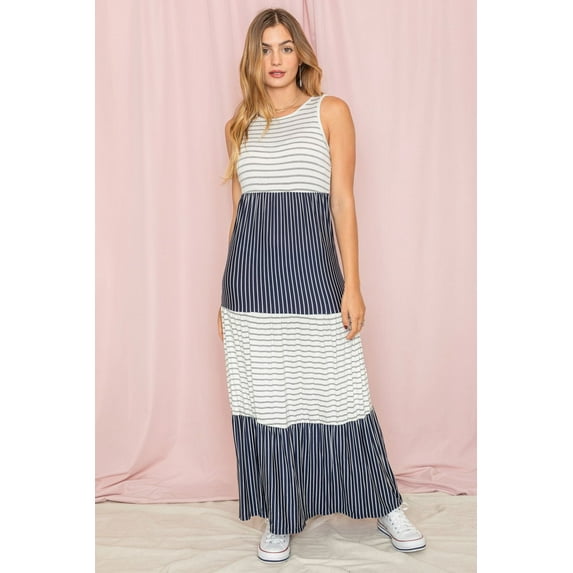 Ivory Navy Mixed Stripe Tiered Sleeveless Maxi Dress_Plus