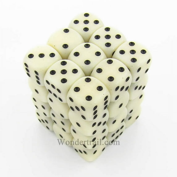 Ivory Opaque D6 Dice with Black Pips 12mm (1/2in) Pack of 12 Dice Chessex