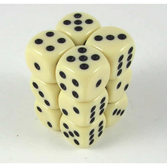 Ivory Opaque Deluxe Dice with Black Pips D6 16mm (5/8in) Pack of 12 Koplow Games