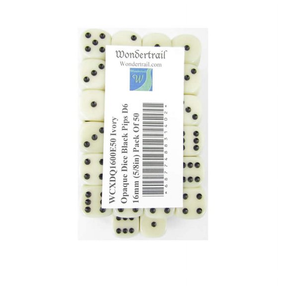 Ivory Opaque Dice with Black Pips D6 16mm (5/8in) Pack Of 50 Wondertrail