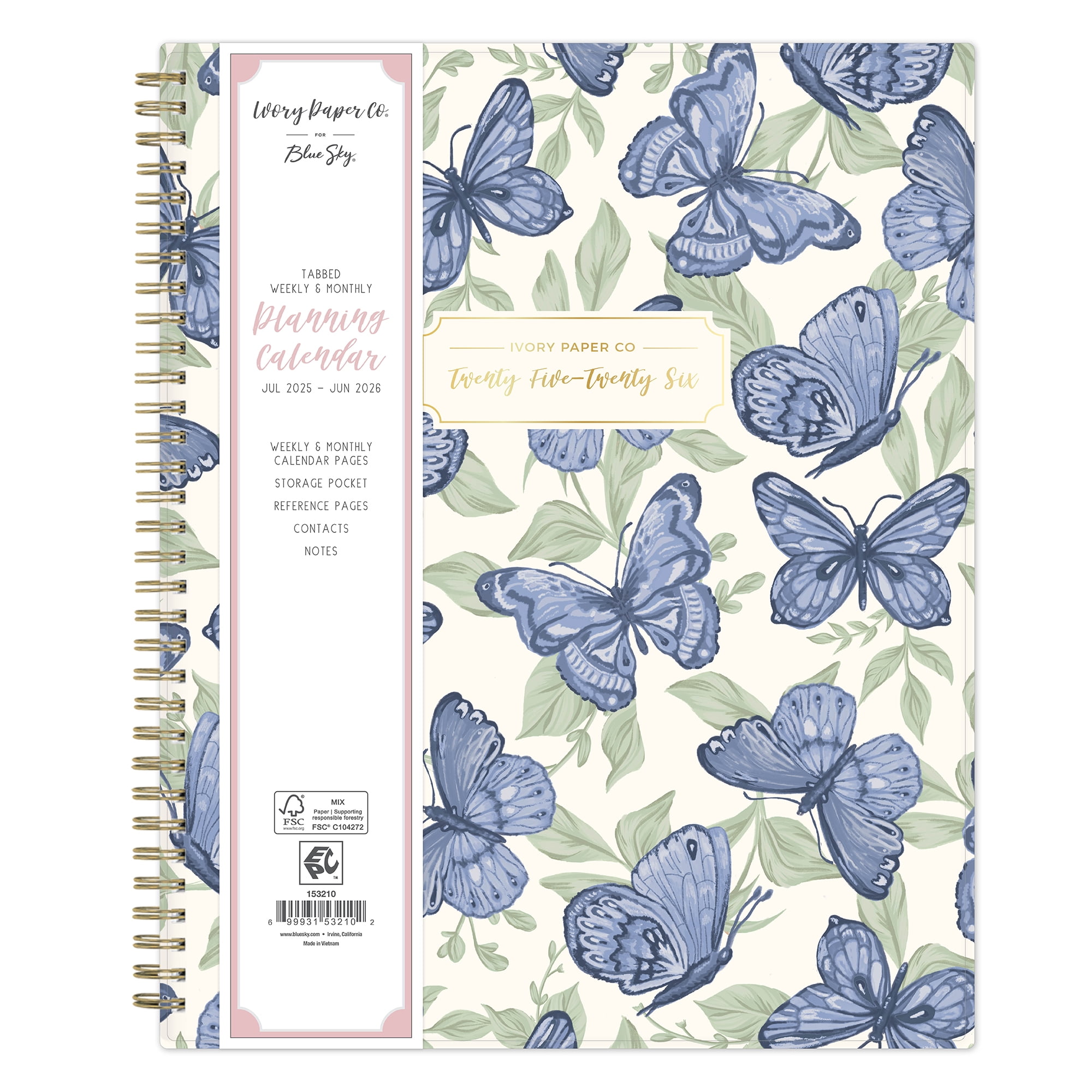 Ivory Paper Co for Blue Sky Monthly Weekly Notes Large (8.5" x 11") Butterflies 12-Month (July 2025 - June 2026)