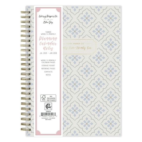 Ivory Paper Co for Blue Sky Monthly Weekly Notes Medium, 5.875" x 8.625", Cream Tile 12-Month (July 2025 - June 2026)