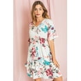 thumbnail image 1 of Ivory Pink Blue Floral Ruffle Trim V- Neck Midi Dress, 1 of 9