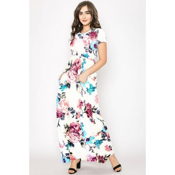 Ivory Pink Blue Floral Short Sleeve Maxi Dress