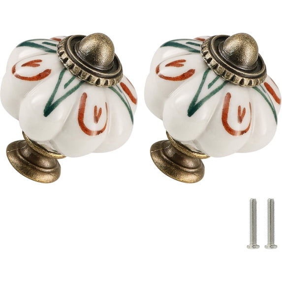 Ivory Pumpkin Knobs 6 Pack Ceramic Cabinet Knobs Vintage Drawer Pulls - Antique Dresser Pulls with Screws - Flowers & Aloe Vera