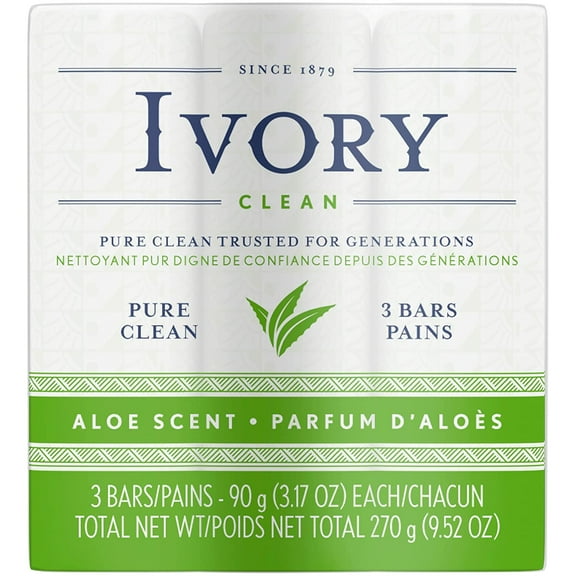 Ivory Pure Clean & Simple Bath Bar Soap Aloe Scent 3ct, 3.1 oz, Pack of 2