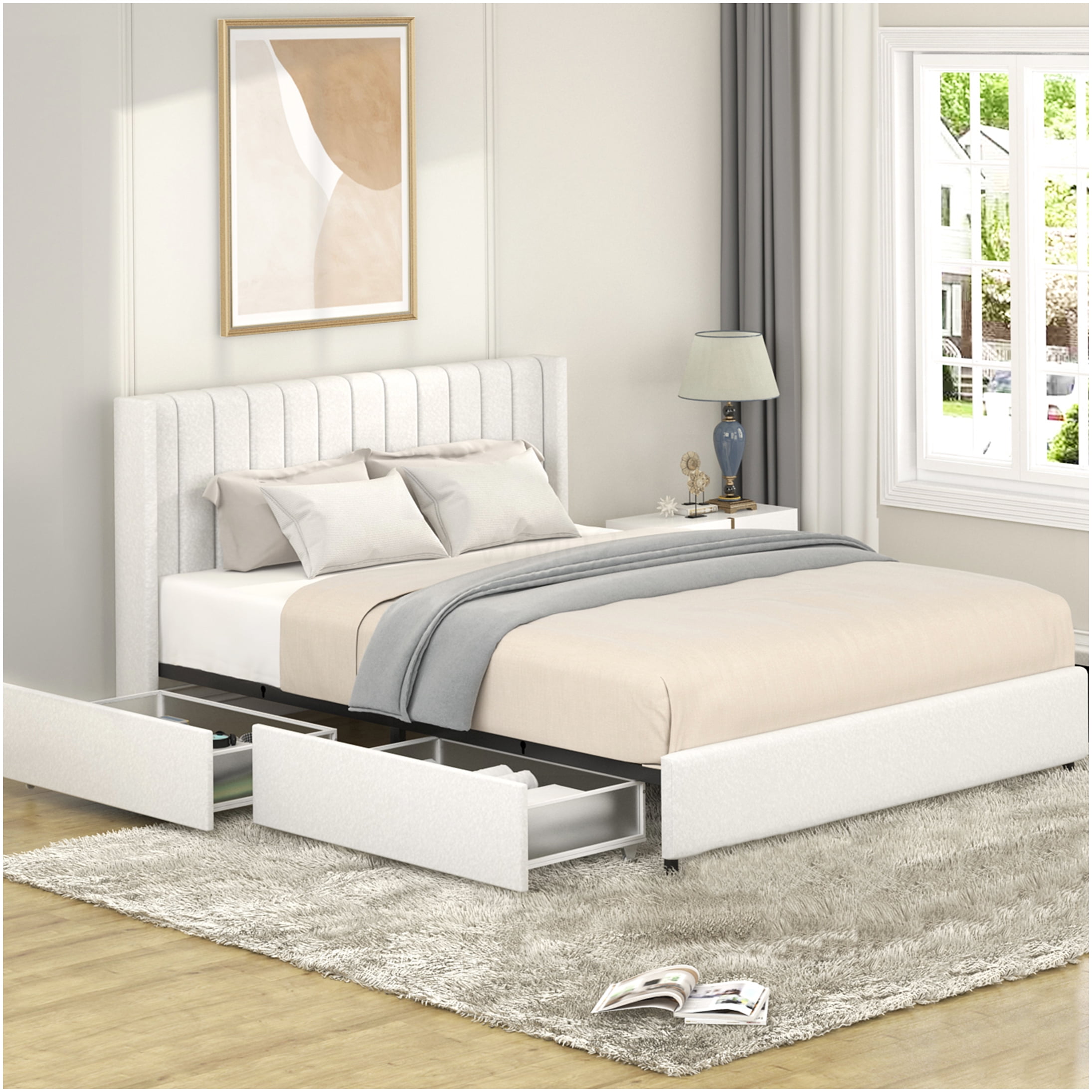 Ivory Queen Upholstered Storage Bed Frame with Wingback Headboard, 4 Large Drawers, Wood Slat Support, No Box Spring Needed