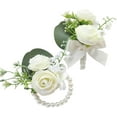 thumbnail image 1 of Ivory Ranunculus Peony Wrist Corsage Wristlet Band Bracelet and Men Boutonniere Set for White Wedding Flower Accessories Prom Suit Decorations, 1 of 4
