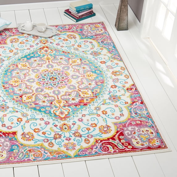 Ivory Red/Pink Modern Traditional Oriental 5x7 Area Rug Vines Floral Medallion Carpet - Actual 5'2" x 7'2" Rectangle Rug