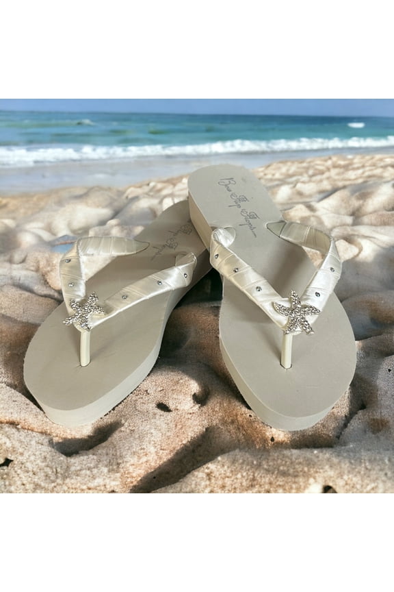 Ivory Rhinestone Starfish Flip Flops in 1.25 Inch Heel, Satin and Crystal Accents