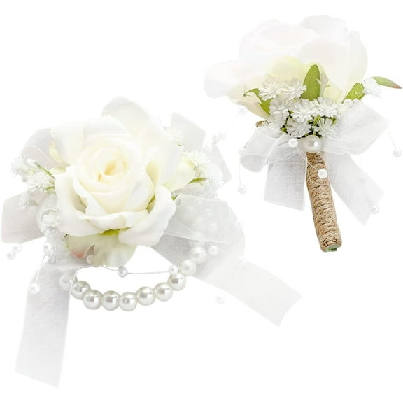 Ivory Rose Wrist Corsage Bracelet Wristlet Band and Men Boutonniere Set for White Wedding Flower Accessories Prom Suits