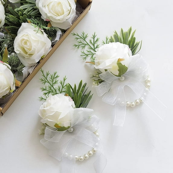 Ivory Rose Wrist Corsage Wristlet Band Bracelet and Men Boutonniere Set for White Wedding Flower Accessories Prom Suit Decorations