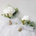 thumbnail image 1 of Ivory Rose Wrist Corsage Wristlet Band Bracelet and Men Boutonniere Set for White Wedding Flower Accessories Prom Suit Decorations, 1 of 5