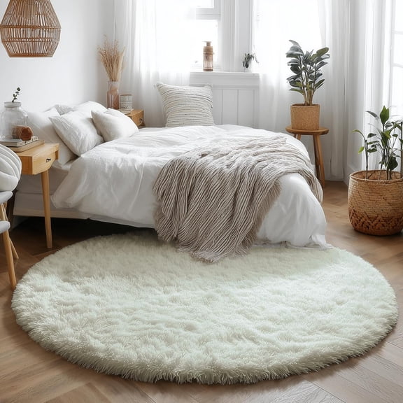 Ivory Round Area Rug 4 Ft, Fluffy Shaggy Polyester Circle Rug with Memory Foam Layer and Rubber Backing, Soft Indoor Floor Mat for Bedroom, Living Room, Dorm and Reading Nook, 1 Piece